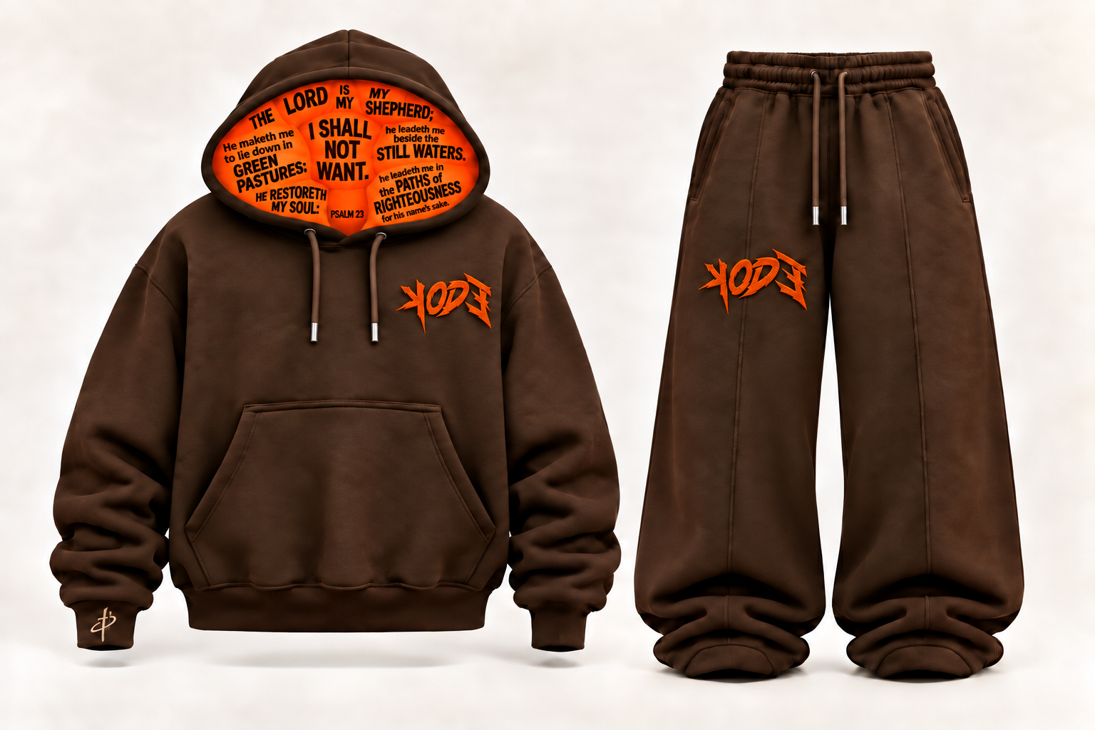 Studio design preview of the dark brown KODE oversized pullover hoodie and matching baggy pants with orange logos