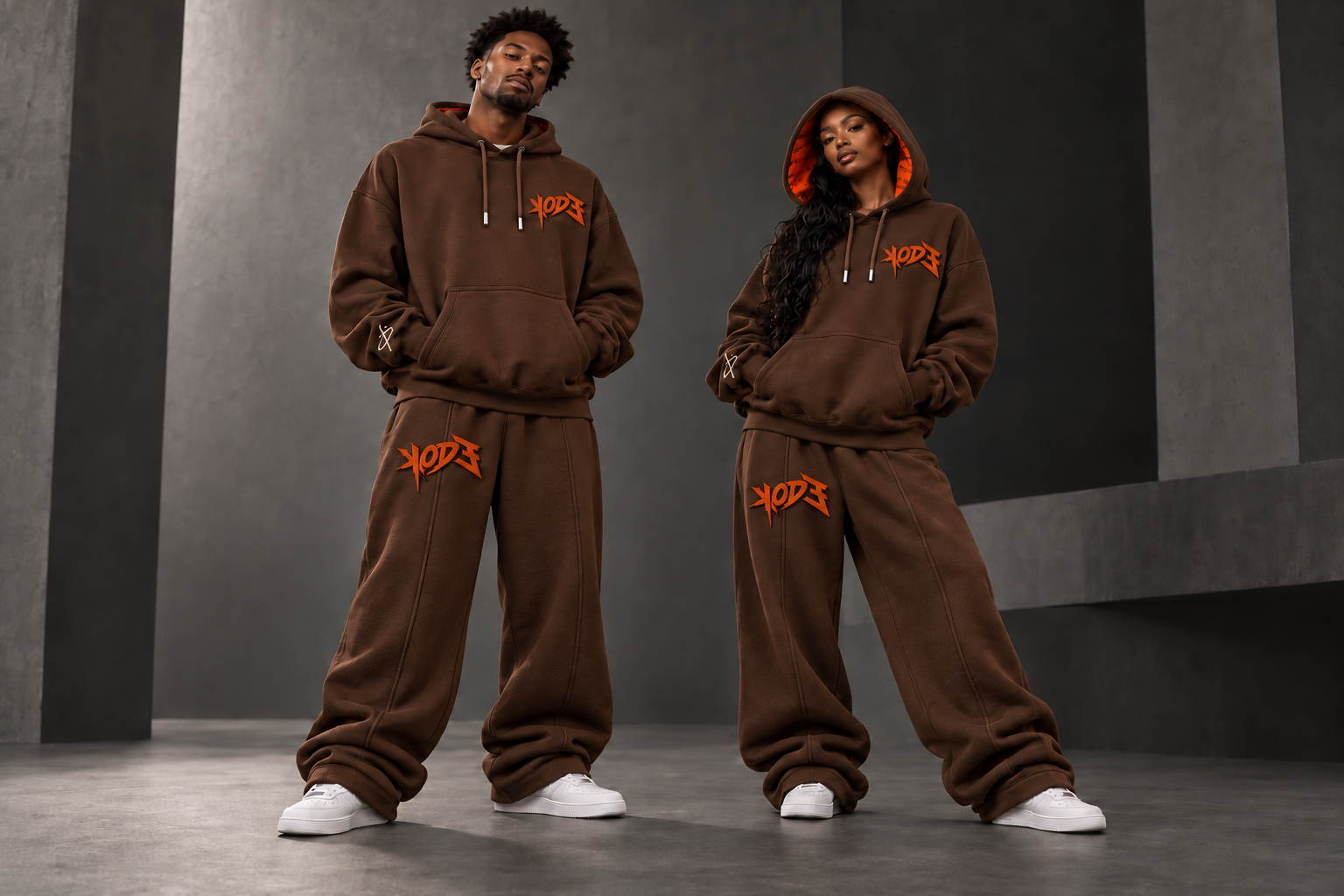 Two models wearing the dark brown KODE oversized hoodie and baggy pants set with orange logos